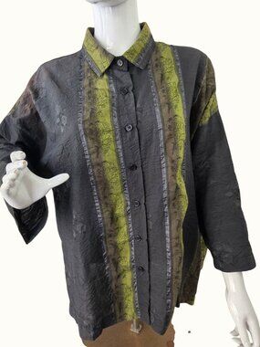 Vintage 80s Blanque Art to Wear Tunic Shirt Green Gray Oversized Womens M  USA